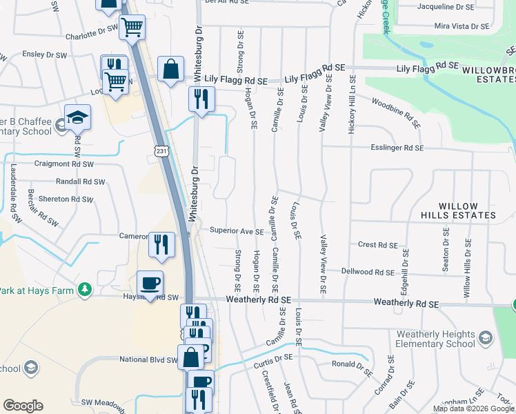 map of restaurants, bars, coffee shops, grocery stores, and more near 8804 Camille Drive Southeast in Huntsville