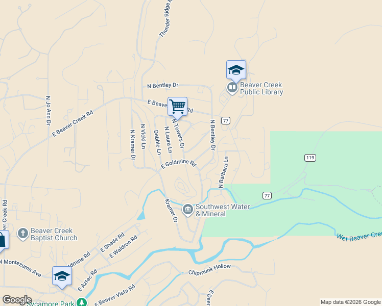 map of restaurants, bars, coffee shops, grocery stores, and more near 4605 East Caren Way in Lake Montezuma