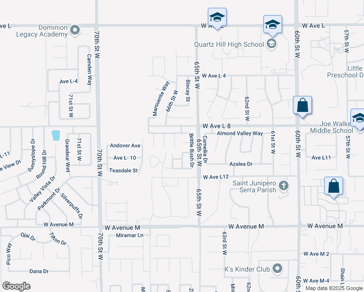 map of restaurants, bars, coffee shops, grocery stores, and more near 6540 Smoketree Circle in Lancaster