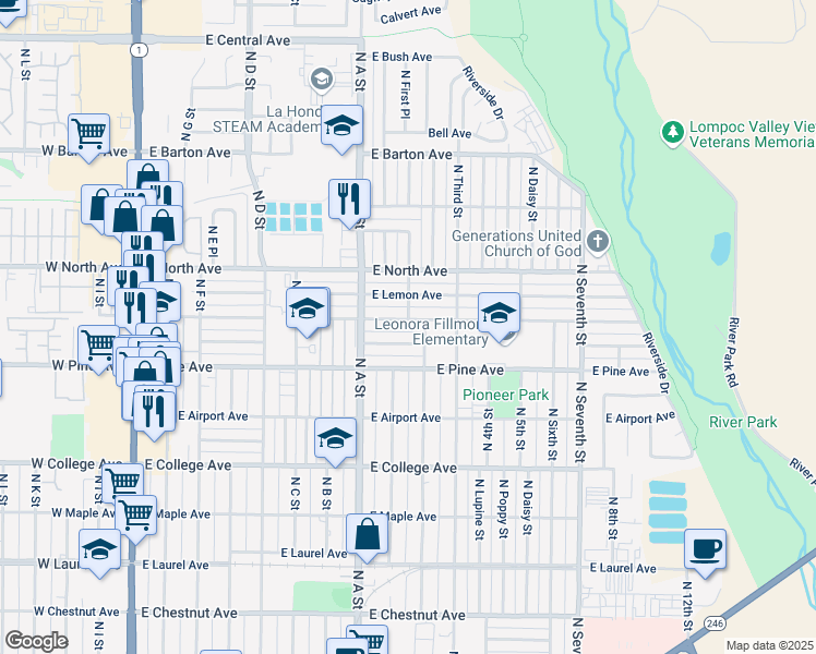 map of restaurants, bars, coffee shops, grocery stores, and more near 912 East Oak Avenue in Lompoc