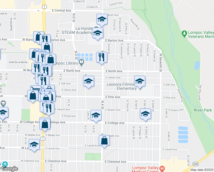 map of restaurants, bars, coffee shops, grocery stores, and more near 808 East Oak Avenue in Lompoc