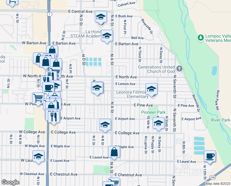 map of restaurants, bars, coffee shops, grocery stores, and more near 804 East Oak Avenue in Lompoc