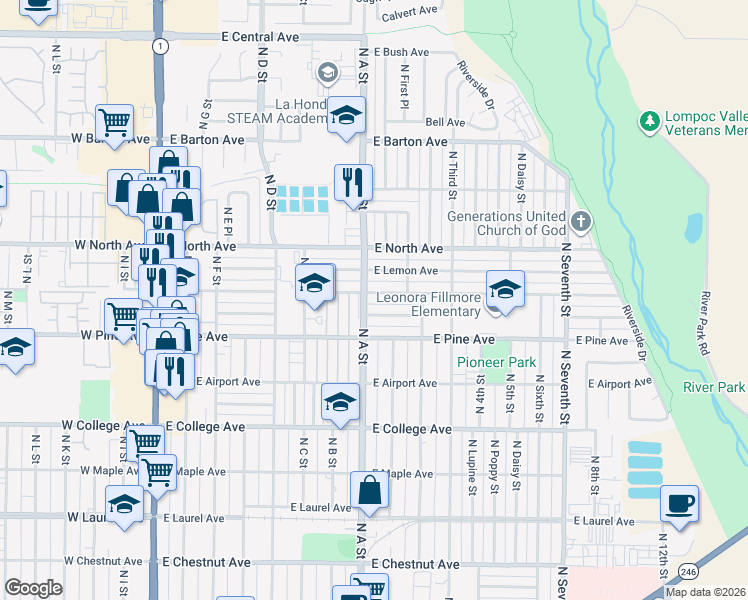map of restaurants, bars, coffee shops, grocery stores, and more near 804 East Oak Avenue in Lompoc