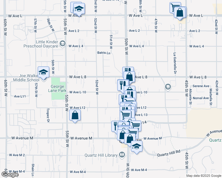 map of restaurants, bars, coffee shops, grocery stores, and more near 5105 West Avenue L-10 in Lancaster