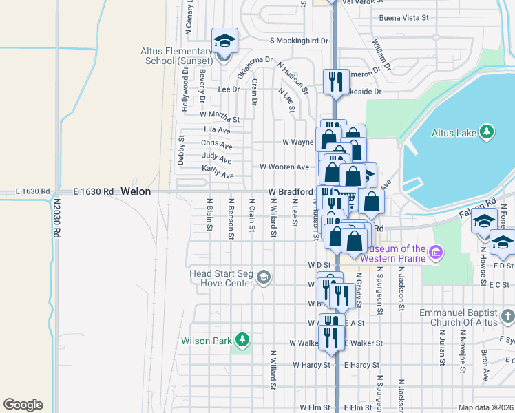 map of restaurants, bars, coffee shops, grocery stores, and more near 1312 North Crain Street in Altus