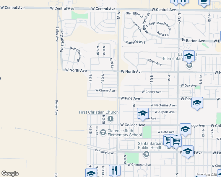 map of restaurants, bars, coffee shops, grocery stores, and more near 1517 West Cherry Avenue in Lompoc