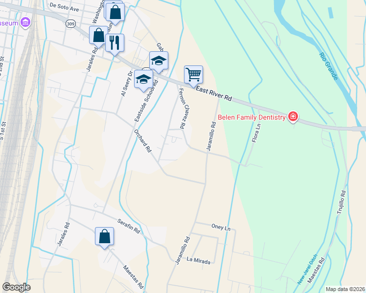 map of restaurants, bars, coffee shops, grocery stores, and more near 40 Fermin Chavez Road in Belen