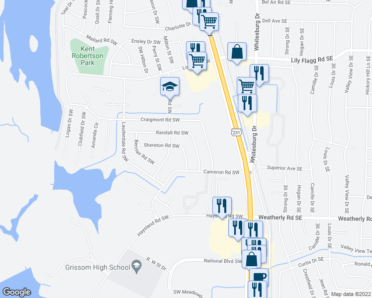 map of restaurants, bars, coffee shops, grocery stores, and more near 9009 Shereton Road Southwest in Huntsville
