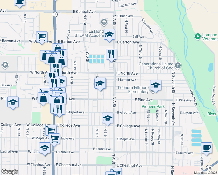 map of restaurants, bars, coffee shops, grocery stores, and more near 701 East Oak Avenue in Lompoc