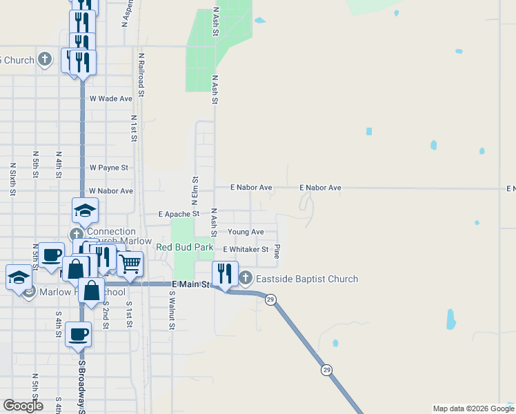 map of restaurants, bars, coffee shops, grocery stores, and more near 713 East Apache Avenue in Marlow