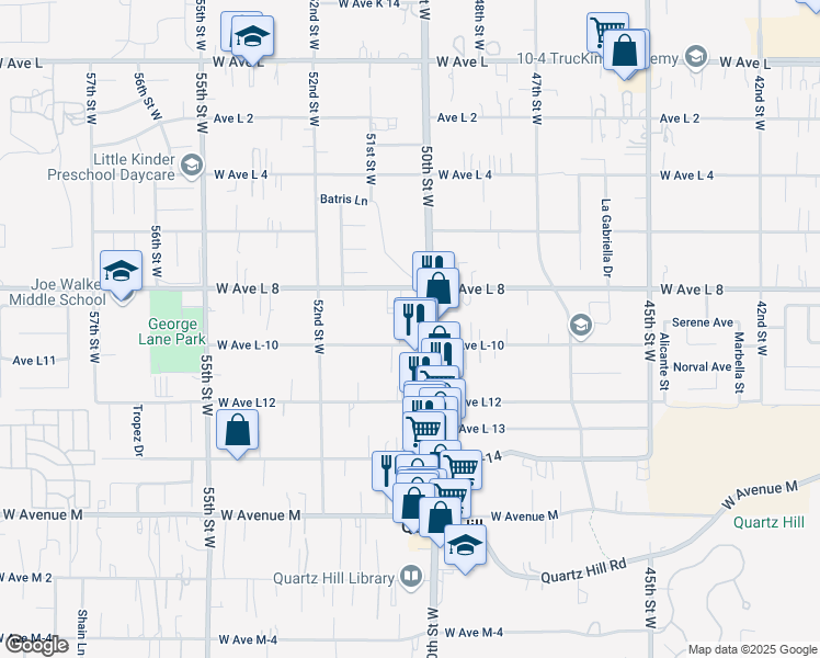 map of restaurants, bars, coffee shops, grocery stores, and more near 5033 West Avenue L-10 in Lancaster