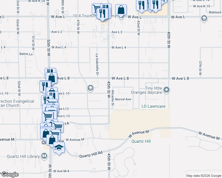 map of restaurants, bars, coffee shops, grocery stores, and more near 42337 Alicante Street in Quartz Hill