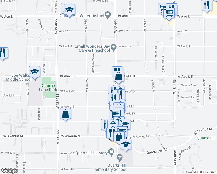 map of restaurants, bars, coffee shops, grocery stores, and more near 5033 West Avenue L-10 in Lancaster