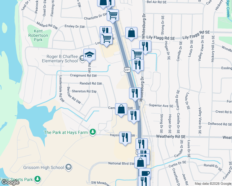 map of restaurants, bars, coffee shops, grocery stores, and more near 8920 Memorial Parkway Southwest in Huntsville