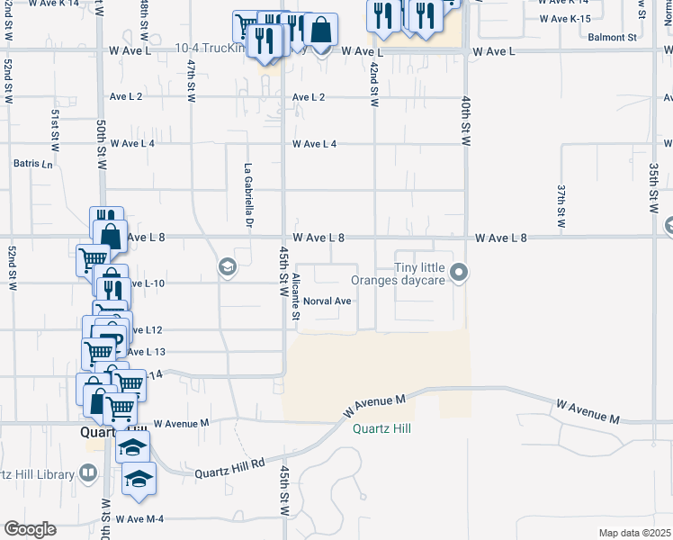 map of restaurants, bars, coffee shops, grocery stores, and more near 4256 Serene Avenue in Quartz Hill