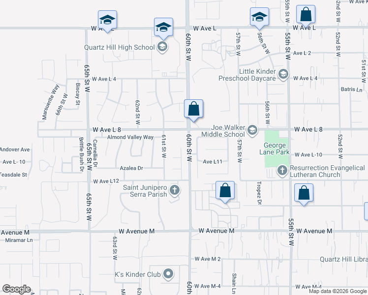 map of restaurants, bars, coffee shops, grocery stores, and more near 42300 Woodstone Lane in Quartz Hill