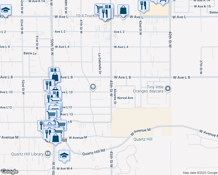 map of restaurants, bars, coffee shops, grocery stores, and more near 42317 45th Street West in Lancaster