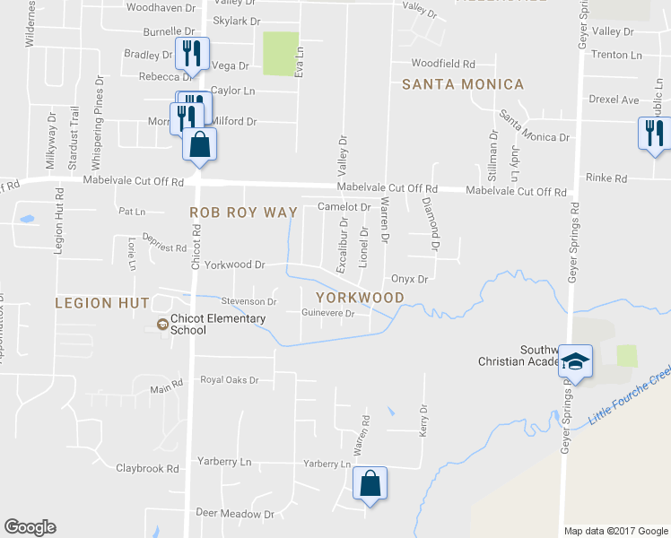 map of restaurants, bars, coffee shops, grocery stores, and more near 7012 Yorkwood Drive in Little Rock