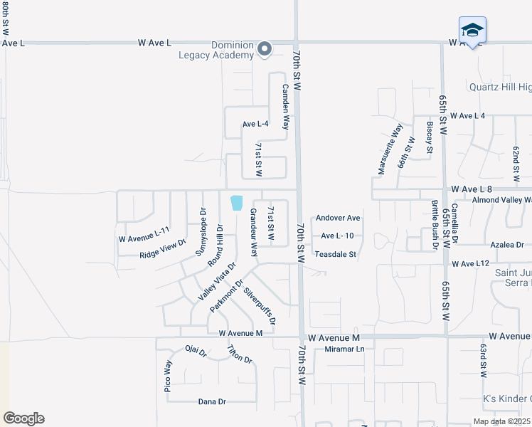 map of restaurants, bars, coffee shops, grocery stores, and more near 42325 71st Street West in Lancaster