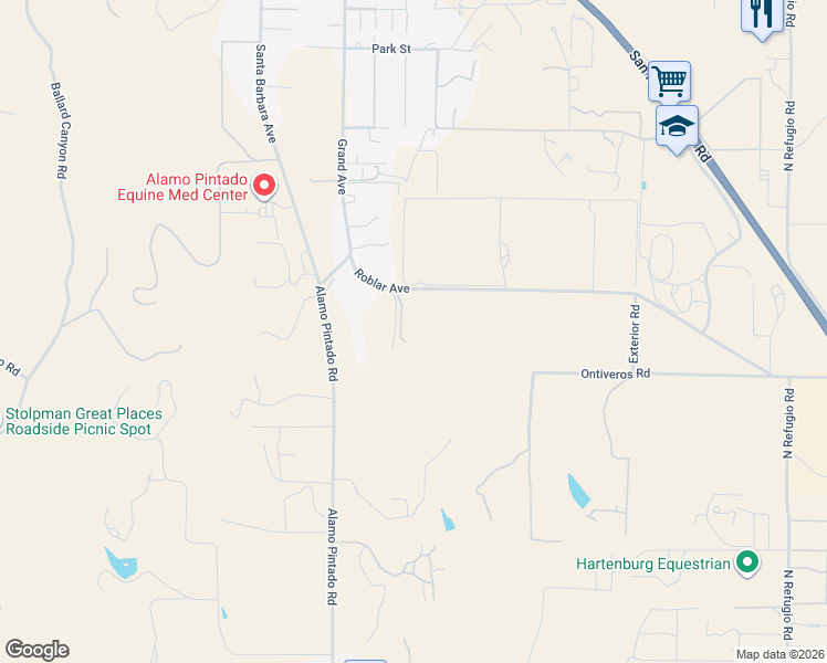 map of restaurants, bars, coffee shops, grocery stores, and more near 2480 Roblar Avenue in Los Olivos