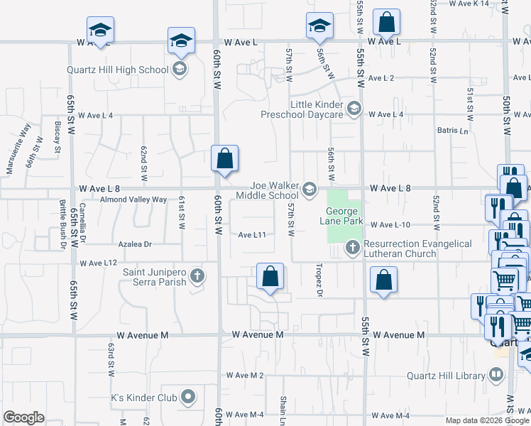 map of restaurants, bars, coffee shops, grocery stores, and more near 5811 Corinthian Place in Lancaster