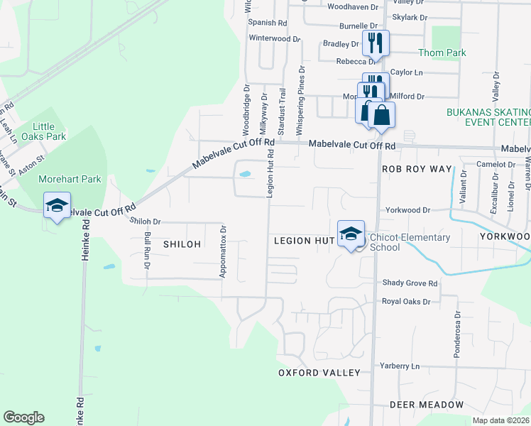 map of restaurants, bars, coffee shops, grocery stores, and more near 10826 Legion Hut Road in Little Rock