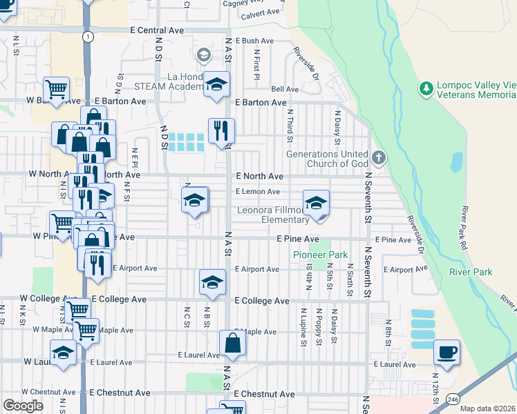 map of restaurants, bars, coffee shops, grocery stores, and more near East Oak Avenue in Lompoc