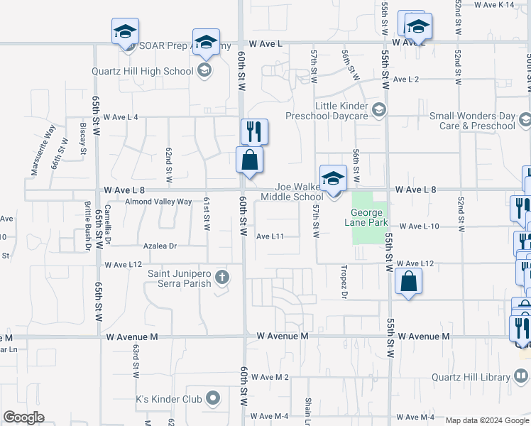map of restaurants, bars, coffee shops, grocery stores, and more near 5867 Corinthian Place in Lancaster