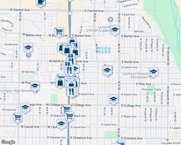 map of restaurants, bars, coffee shops, grocery stores, and more near 413 East Oak Avenue in Lompoc