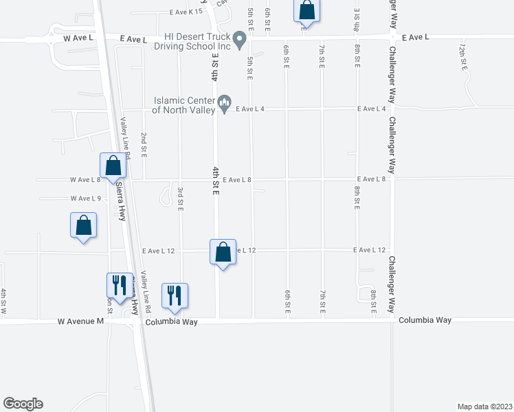 map of restaurants, bars, coffee shops, grocery stores, and more near 42336 5th Street East in Lancaster