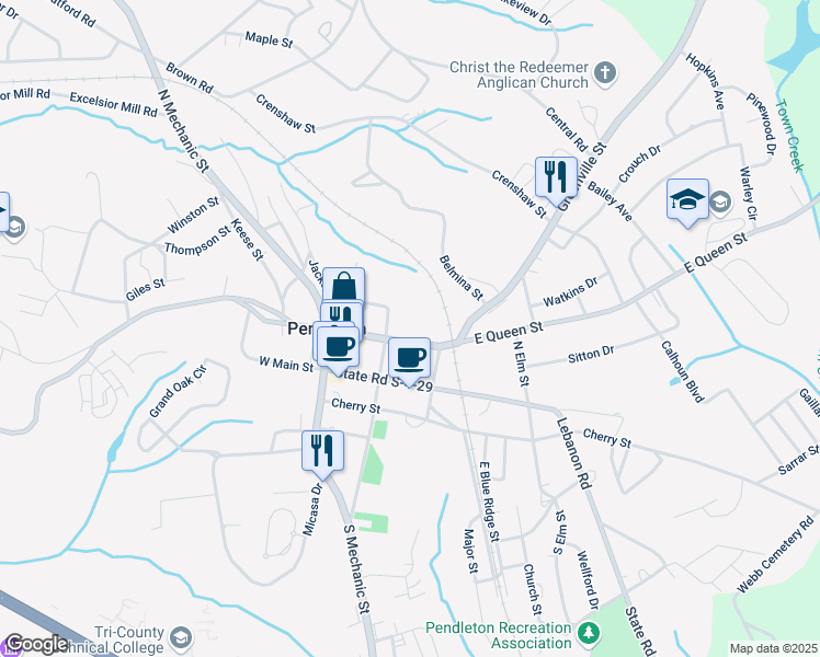 map of restaurants, bars, coffee shops, grocery stores, and more near 229 East Queen Street in Pendleton