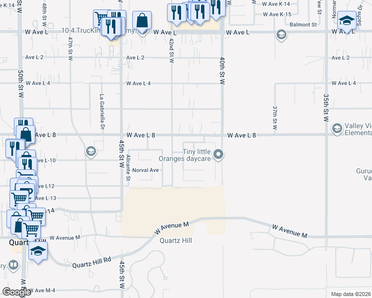 map of restaurants, bars, coffee shops, grocery stores, and more near 42270 Klamath Lane in Lancaster