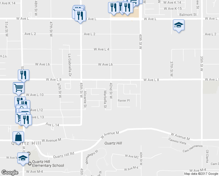 map of restaurants, bars, coffee shops, grocery stores, and more near 42327 42nd Street West in Quartz Hill