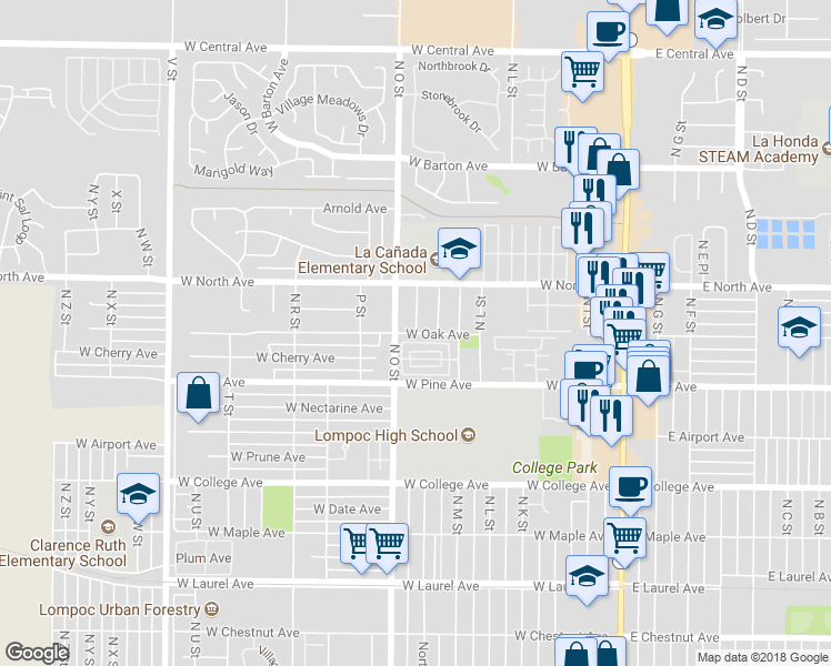 map of restaurants, bars, coffee shops, grocery stores, and more near West Oak Avenue & Oleander Street in Lompoc