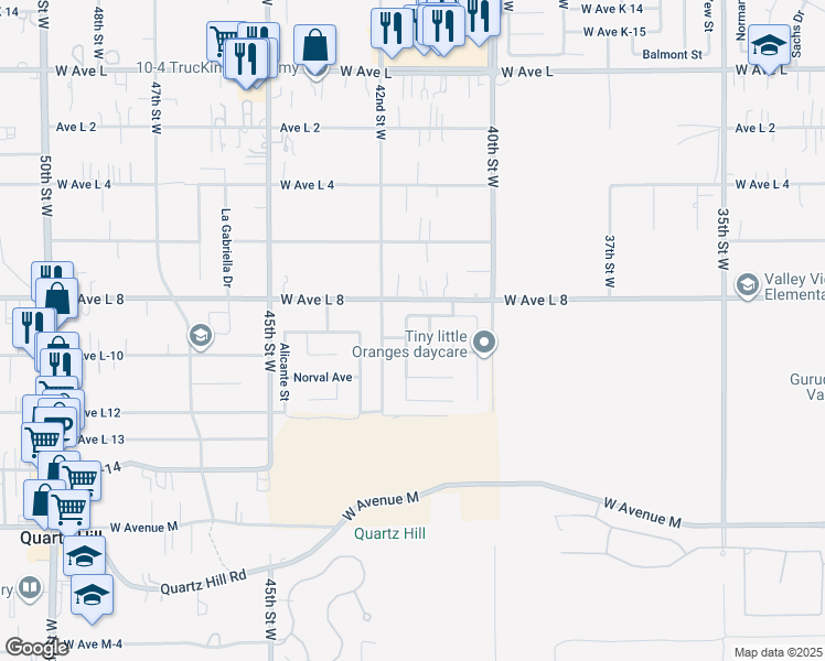 map of restaurants, bars, coffee shops, grocery stores, and more near 42308 Klamath Lane in Quartz Hill
