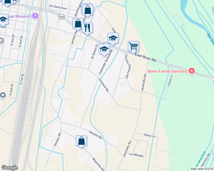 map of restaurants, bars, coffee shops, grocery stores, and more near 45 Orchard Road in Belen