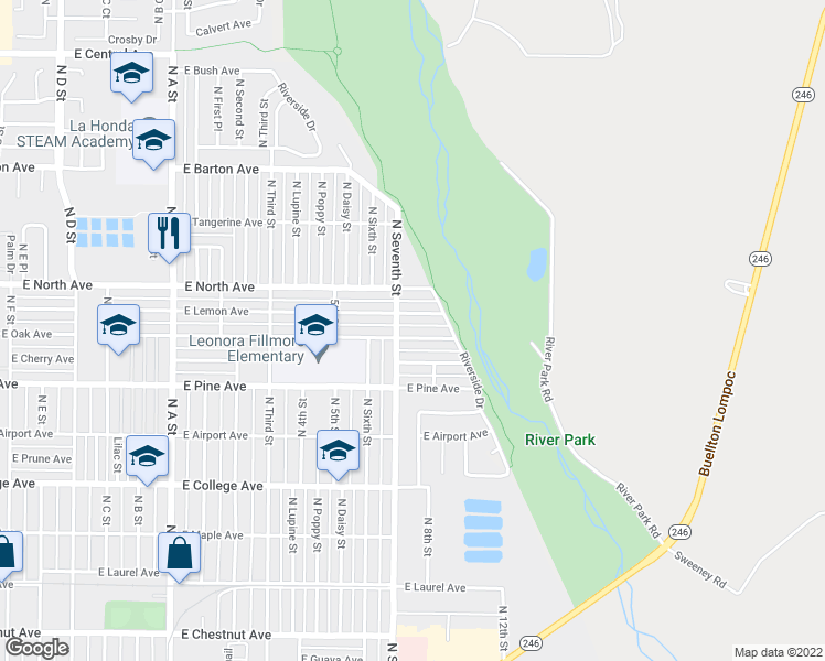 map of restaurants, bars, coffee shops, grocery stores, and more near 1509 East Oak Avenue in Lompoc