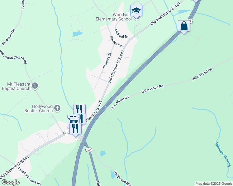 map of restaurants, bars, coffee shops, grocery stores, and more near 536 U.S. 441 in Clayton
