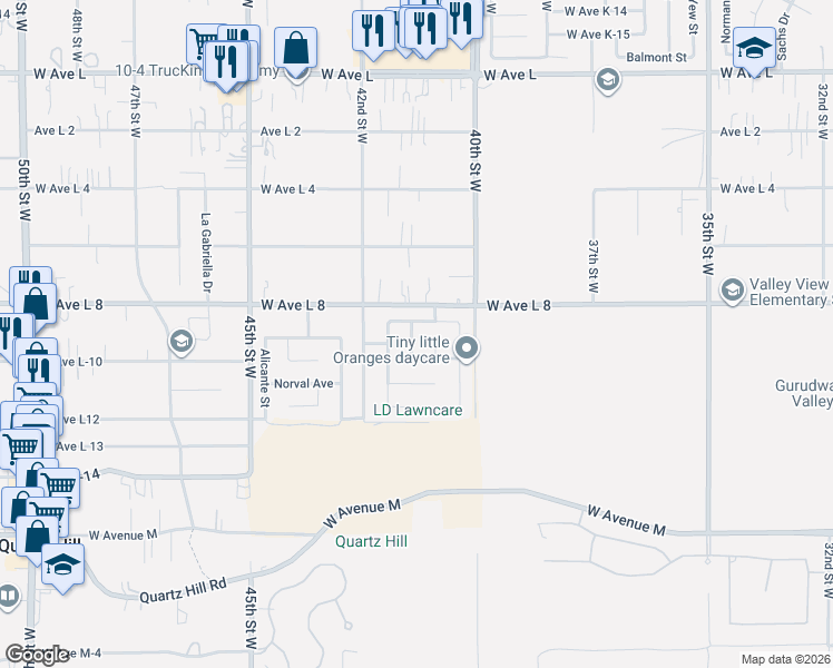 map of restaurants, bars, coffee shops, grocery stores, and more near 42306 Columbia Court in Quartz Hill
