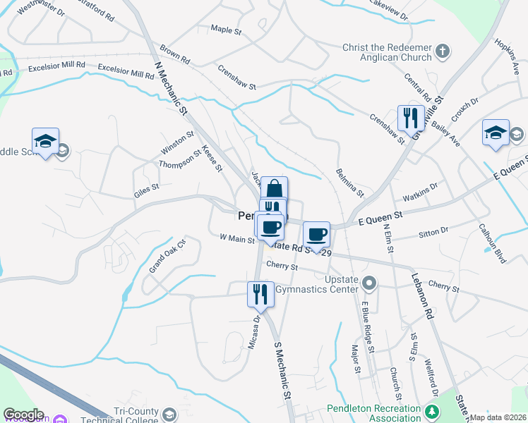 map of restaurants, bars, coffee shops, grocery stores, and more near 125 East Queen Street in Pendleton