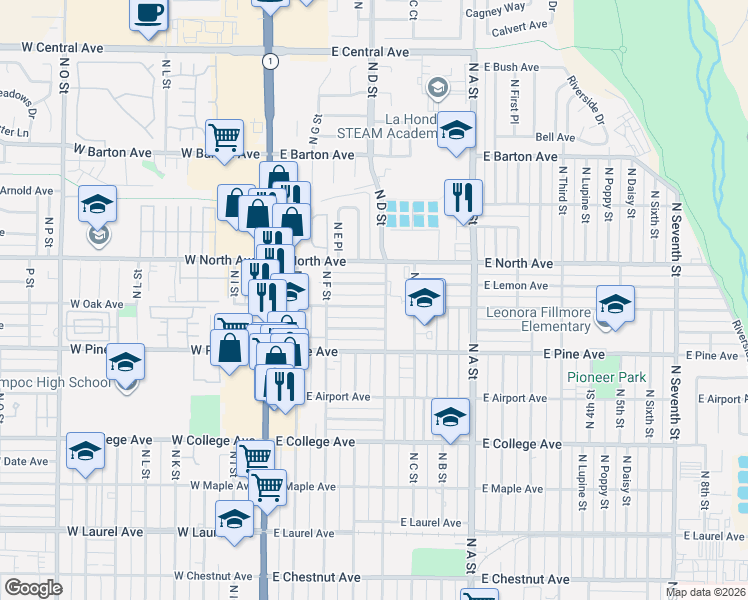 map of restaurants, bars, coffee shops, grocery stores, and more near 413 East Oak Avenue in Lompoc