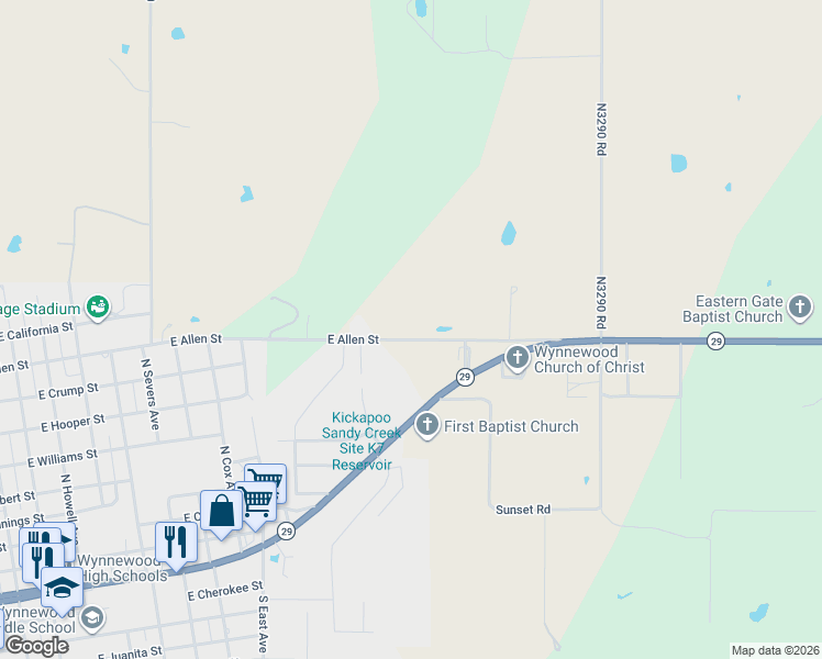 map of restaurants, bars, coffee shops, grocery stores, and more near 1601 East Allen Street in Wynnewood