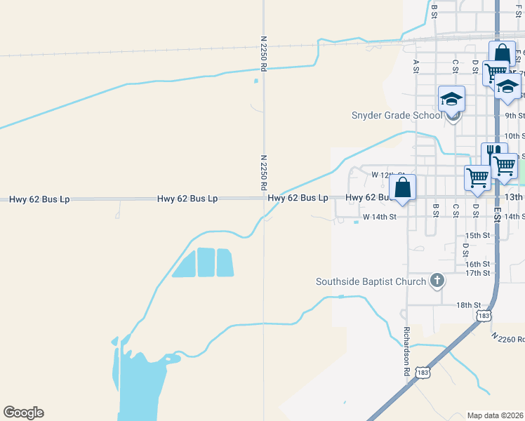 map of restaurants, bars, coffee shops, grocery stores, and more near N2250 Road in Snyder