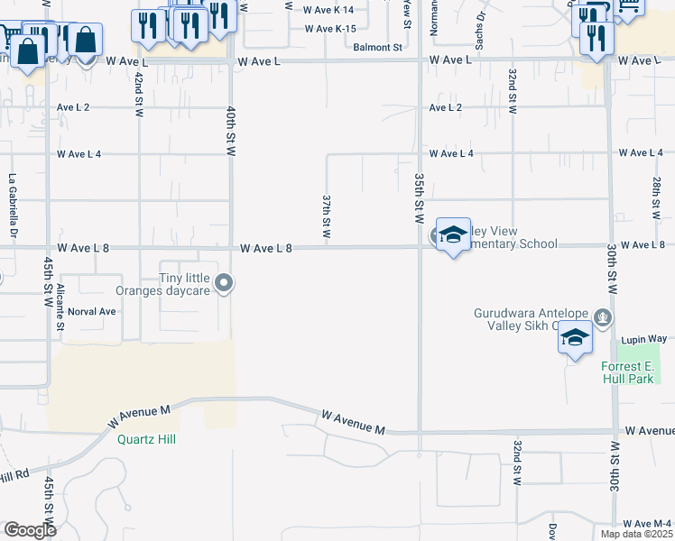 map of restaurants, bars, coffee shops, grocery stores, and more near West Avenue L8 in Lancaster
