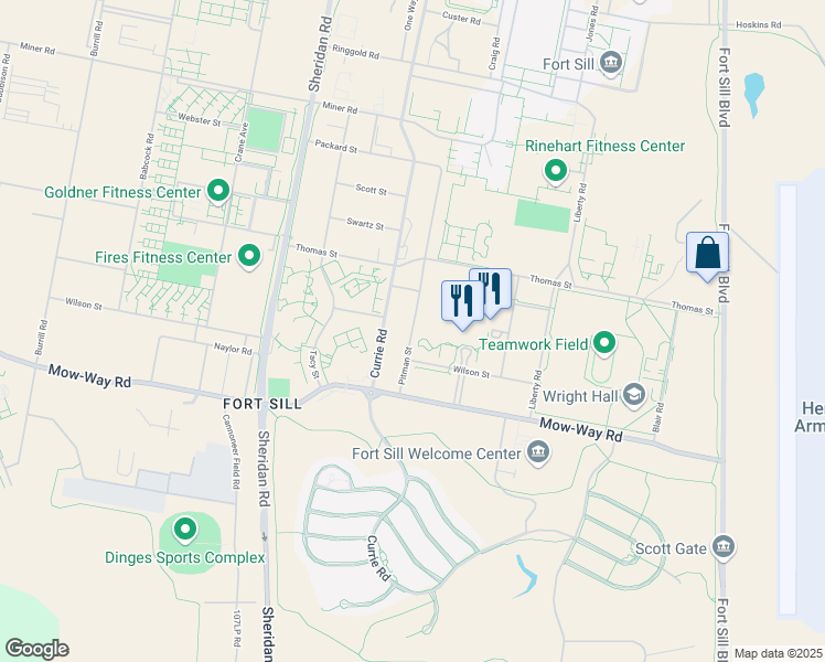 map of restaurants, bars, coffee shops, grocery stores, and more near Pitman Street in Lawton