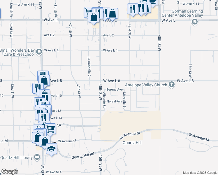map of restaurants, bars, coffee shops, grocery stores, and more near 4325 Serene Avenue in Lancaster