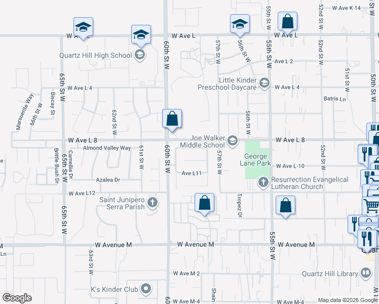 map of restaurants, bars, coffee shops, grocery stores, and more near 5840 Almond Valley Way in Lancaster