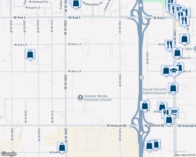 map of restaurants, bars, coffee shops, grocery stores, and more near 1642 West Avenue L8 in Lancaster