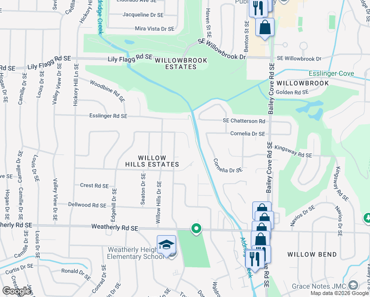 map of restaurants, bars, coffee shops, grocery stores, and more near 912 Forrest Heights Drive Southeast in Huntsville