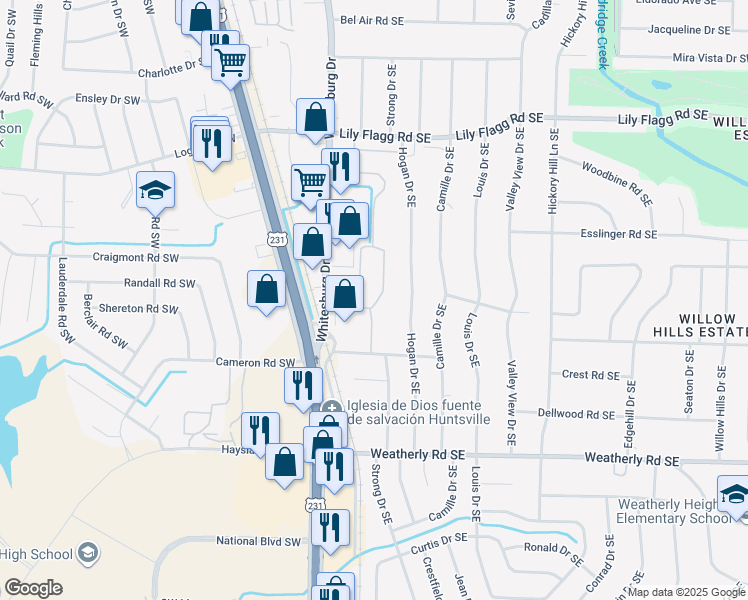map of restaurants, bars, coffee shops, grocery stores, and more near 8329-8371 White Flagg Ln SE in Huntsville